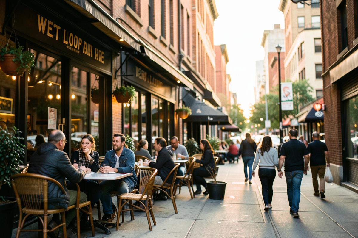 Busy West Loop restaurant patio at golden hour in Chicago