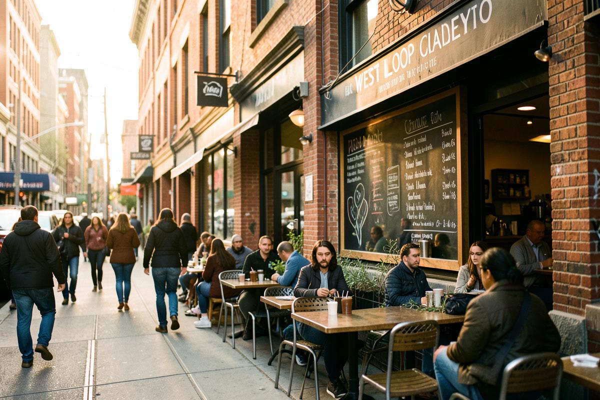 Chicago cafe exterior with chalkboard menu and sidewalk seating