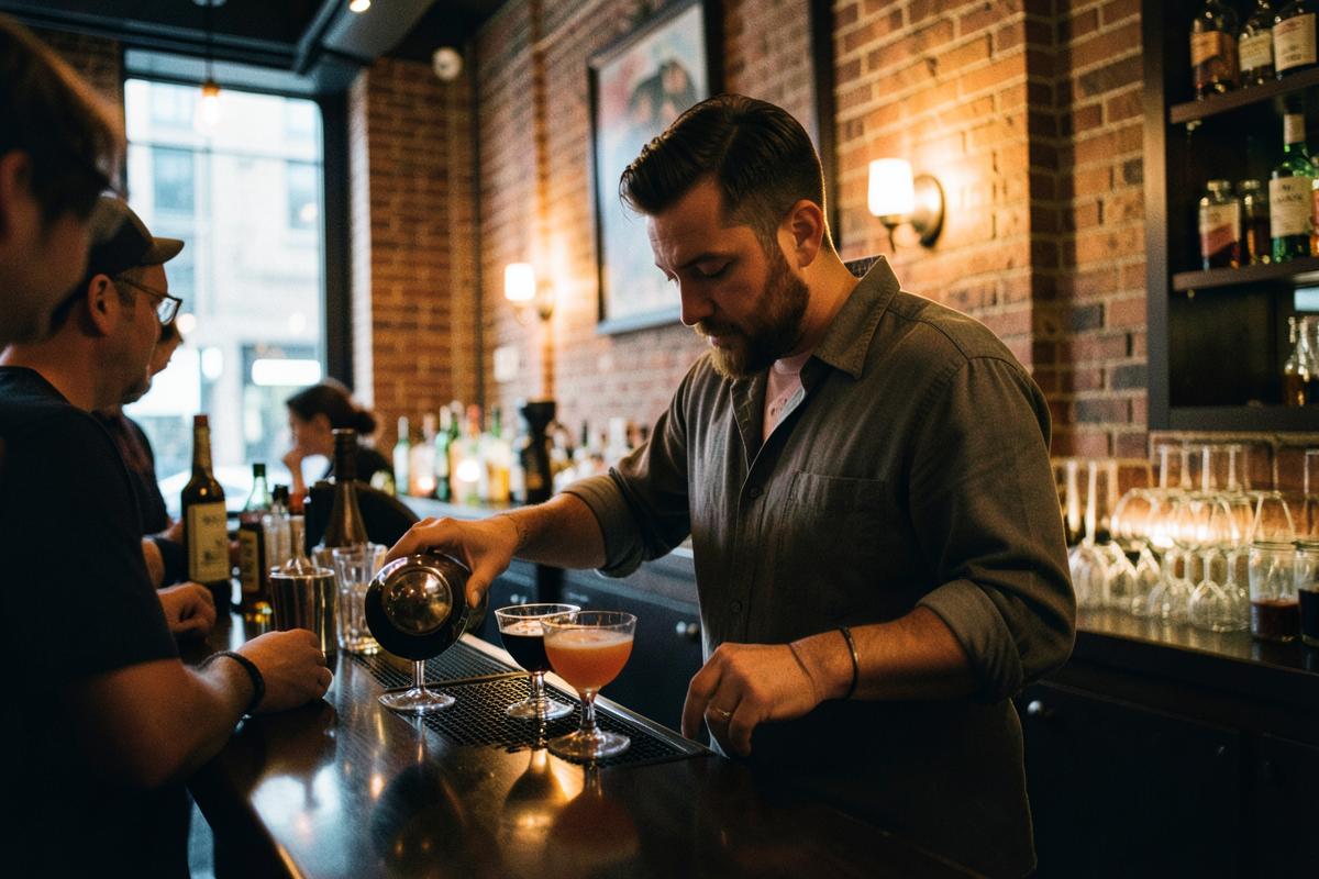 Bartender pouring cocktails in a warmly lit Chicago bar