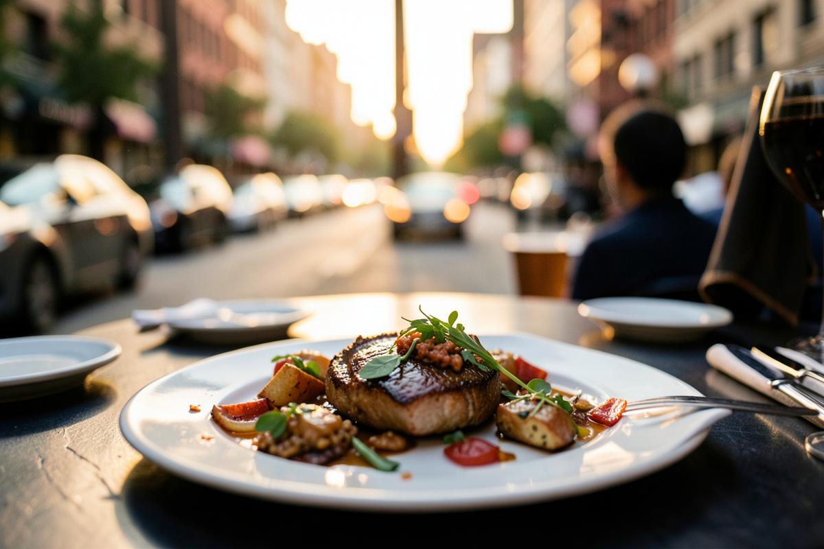 Plated dish on a patio table with a Chicago street behind it
