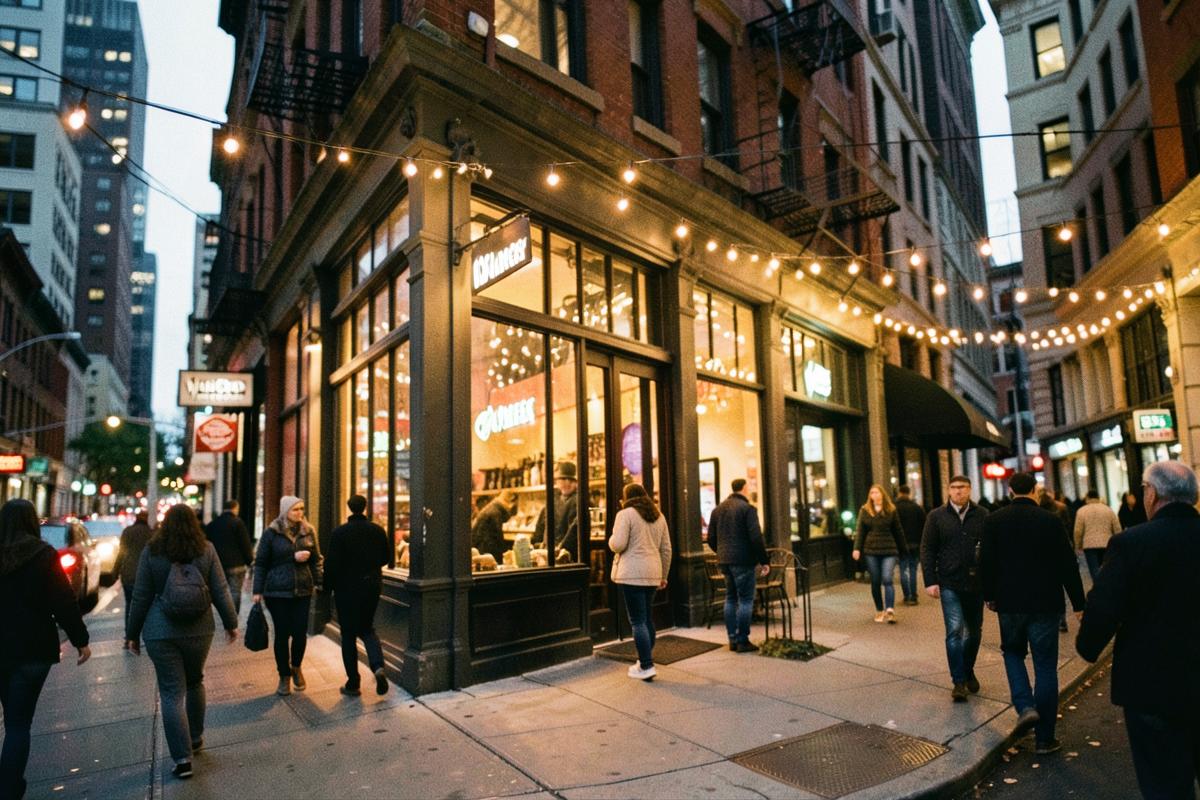 Evening Chicago restaurant street glowing with string lights