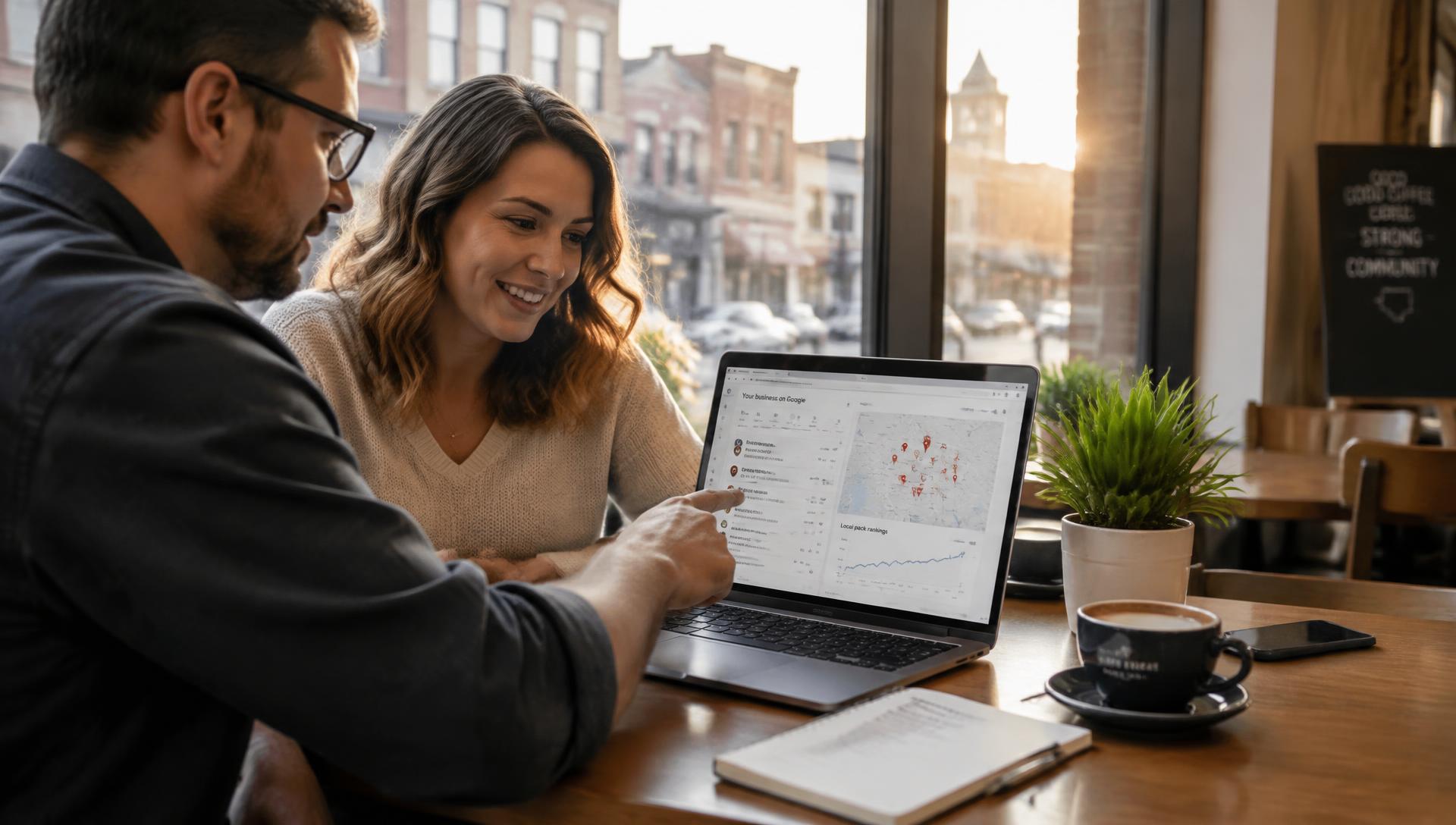 Marketing strategist reviewing local SEO map pack rankings with a Geneva business owner